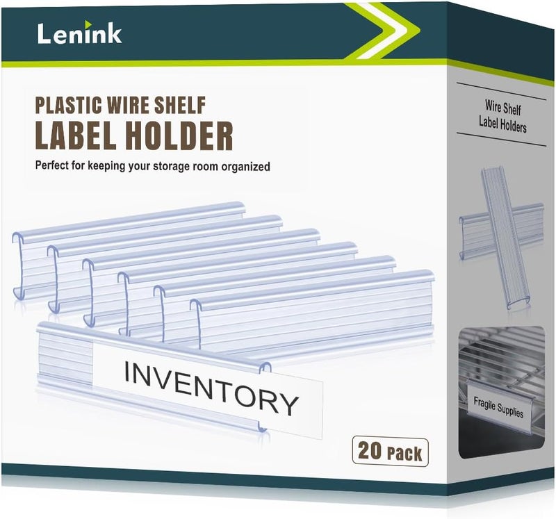 Lenink 20Pcs Wire Shelf Label Holders,Plastic Wire Rack Label Holder Compatible with Metro and Nexel 1-1/4in Shelves,Label Area 6in Lx1.25in H (Label Paper Not Included) - Image 1