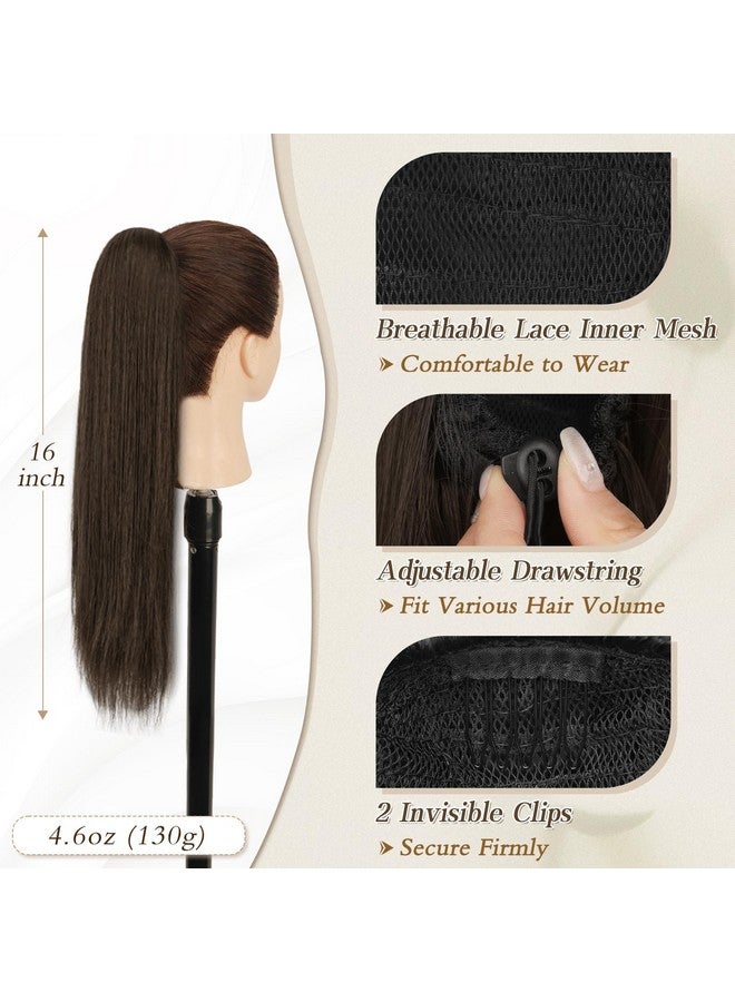 بارسدار وصلات شعر ذيل حصان بنية من بارسدار - وصلات شعر ذيل حصان قصيرة مستقيمة برباط بطول 16 بوصة للنساء، وصلات شعر ذيل حصان صناعية ناعمة بمشبك، وصلات شعر ذيل حصان اصطناعية للاستخدام اليومي - بنية - Image 2