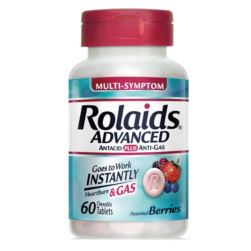 Rolaids Advanced Antacid Plus Anti-Gas 60 Chewable Tablets, Assorted Berry, Heartburn and Gas Relief - Image 1