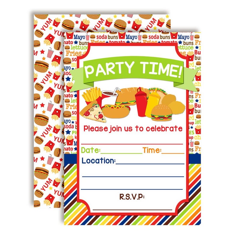 Junk Food Birthday Party Invitations with Pizza Hot Dogs Pop Corn Hamburgers Fries and More 20 5x7 Fill In Cards with Twenty White Envelopes by AmandaCreation