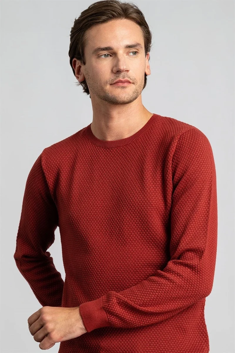 تودورس Men's Slim Fit Crew Neck Honeycomb Patterned Brick Knit Sweater