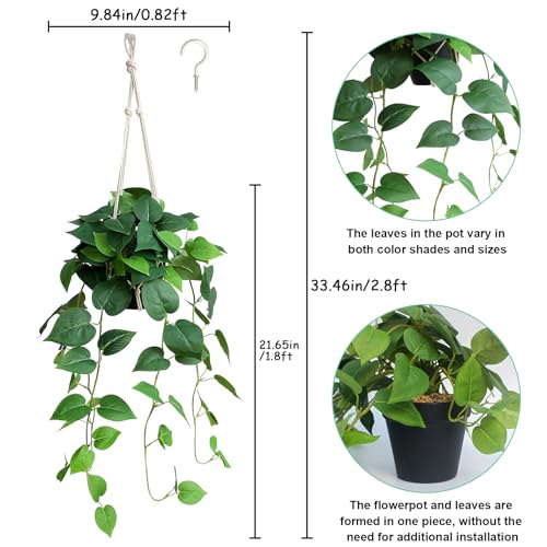 alyptus Fake Hanging Plants Artificial Decor Indoor Realistic Silk Devils Ivy Hanging Potted Plants Faux Greenery Plant Pothos Vines with Pot for Home Hanging Pothos Green - Image 3