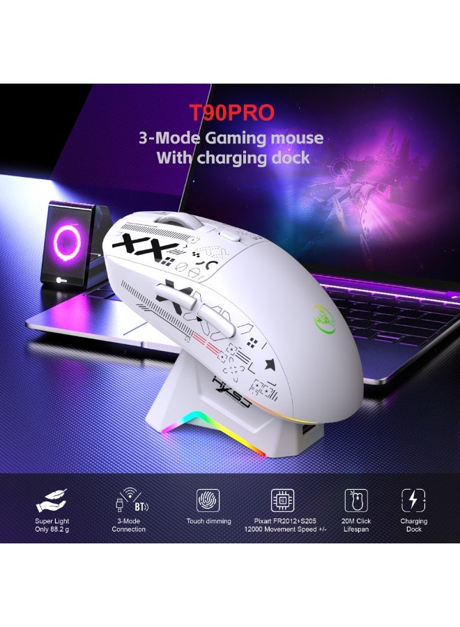 إتش إكس إس جيه ماوس ألعاب لاسلكي T90 ثلاثي الأوضاع مزود بقاعدة شحن مغناطيسية، ماوس خفيف الوزن مضاد للانزلاق، 12 ألف نقطة في البوصة، بلوتوث/2.4 جيجاهرتز/سلكي، لأجهزة الكمبيوتر الشخصية/ماك - Image 2