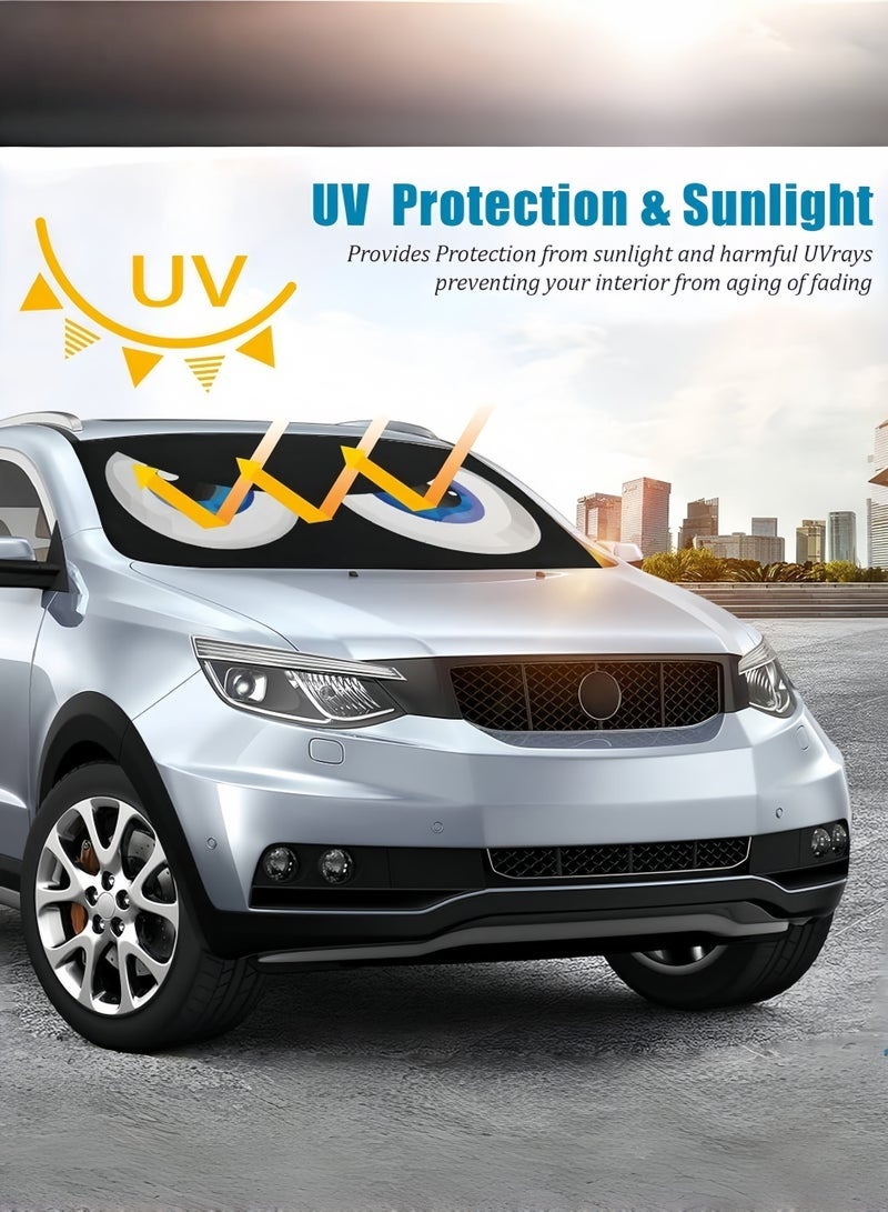 Car Windshield Sun Shade, Car Sun Shade Funny Car Eyes Sun Visor for Car Front Windshield, Foldable with Storage Pouch,UV Protection Keep Vehicle Cooler 150cm*70cm -Blue - Image 3