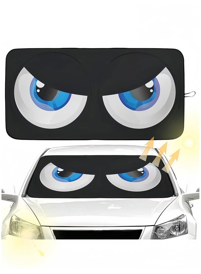 Car Windshield Sun Shade, Car Sun Shade Funny Car Eyes Sun Visor for Car Front Windshield, Foldable with Storage Pouch,UV Protection Keep Vehicle Cooler 150cm*70cm -Blue - Image 1