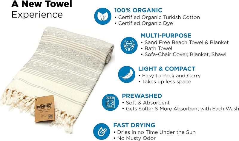 DEMMEX Certified Organic Turkish Cotton Soft Bath Towel - Luxury Oversized Peshtemal for Bathroom, Bath Sheet - Lightweight Quick-Drying Beach Towel - Prewashed, Diamond Weave, 180x90 cm - Image 4