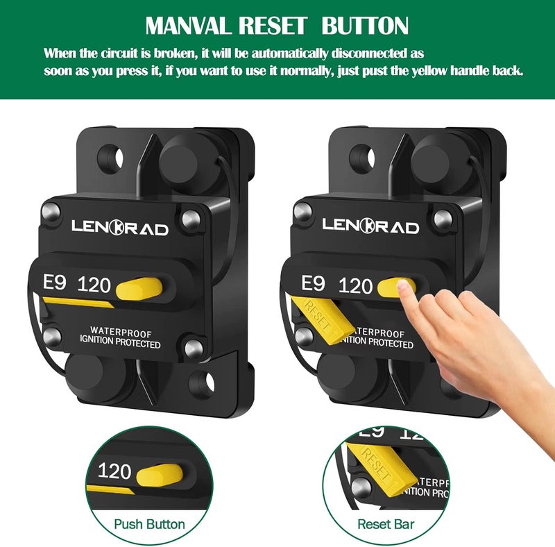 LENKRAD 120 Amp Marine Circuit Breaker Resettable 120A with Manual Reset Switch Button for Boat, Trolling, RV, Yacht, 12V - 48V DC, Waterproof, Surface Mount (120 Amp Boat Circuit Breaker) - Image 4
