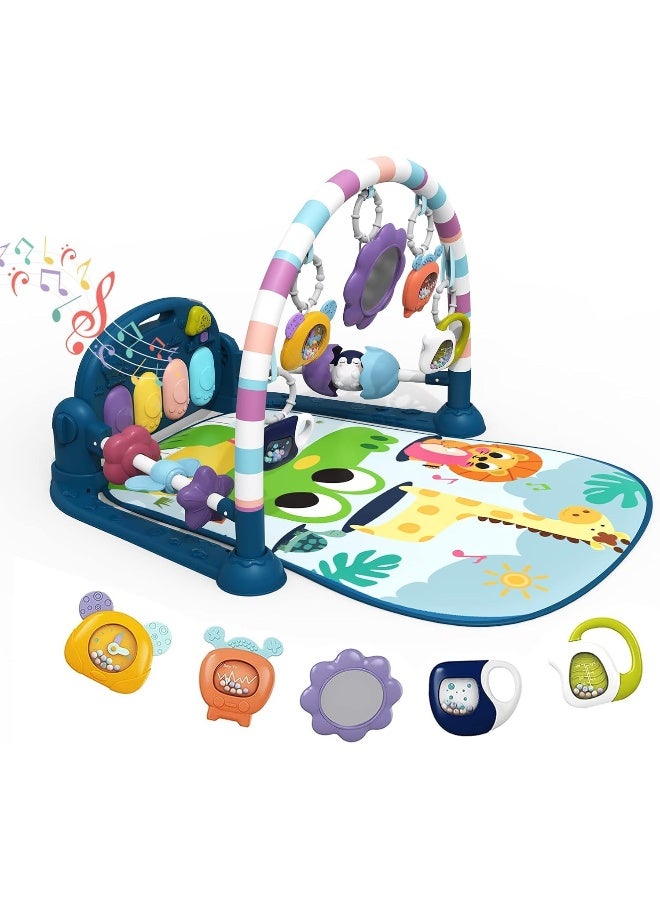 dearlomum Baby Play Mat Baby Gym, Funny Play Piano Tummy Time Baby Activity Mat with 5 Infant Sensory Baby Toys, Music and Lights Boy & Girl Gifts for Newborn Baby 0 to 3 6 9 12 Months (New Blue) - Image 1