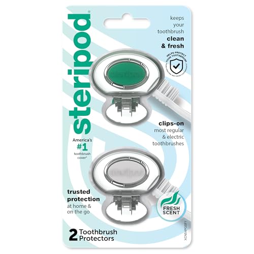 Steripod Clip-on Toothbrush Protector, Green/Silver, 2 Count - Image 1