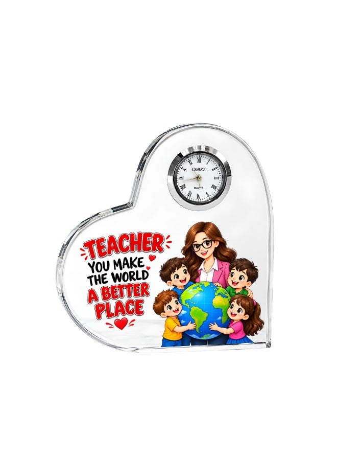PRINTSHOP4ME Teachers Day Heart-Shaped Crystal Glass Clock Keepsake | Elegant Display for Home & Office | Thoughtful Gift for Teachers day, Student gift to teacher - Image 1