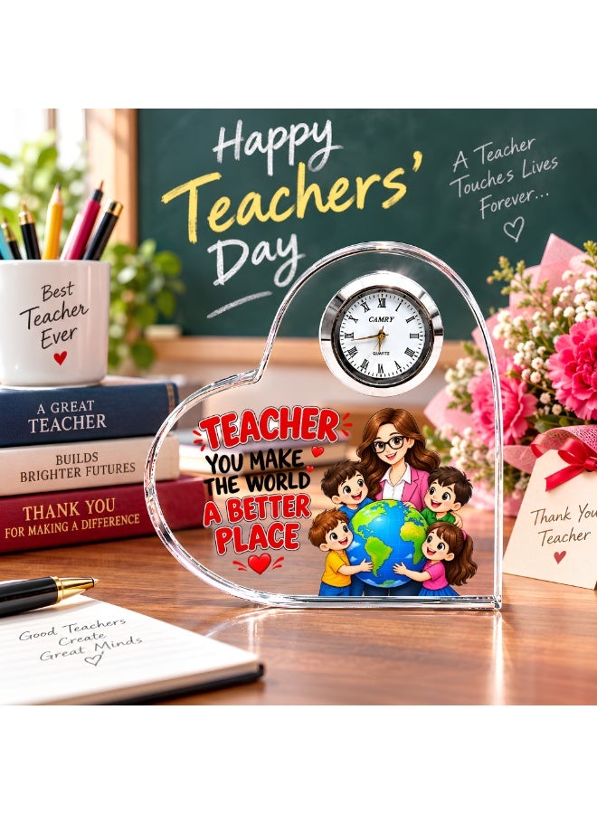 PRINTSHOP4ME Teachers Day Heart-Shaped Crystal Glass Clock Keepsake | Elegant Display for Home & Office | Thoughtful Gift for Teachers day, Student gift to teacher - Image 2