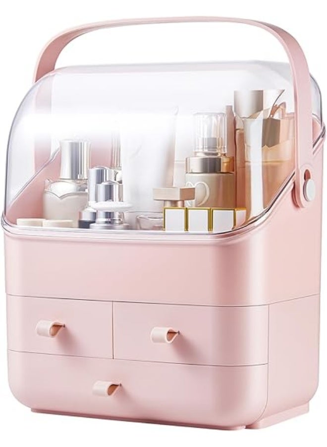 SUNFICON Pink Makeup Organizer Box – Large Dustproof Cosmetic Storage with Clear Lid, Waterproof Design & Portable Handle
