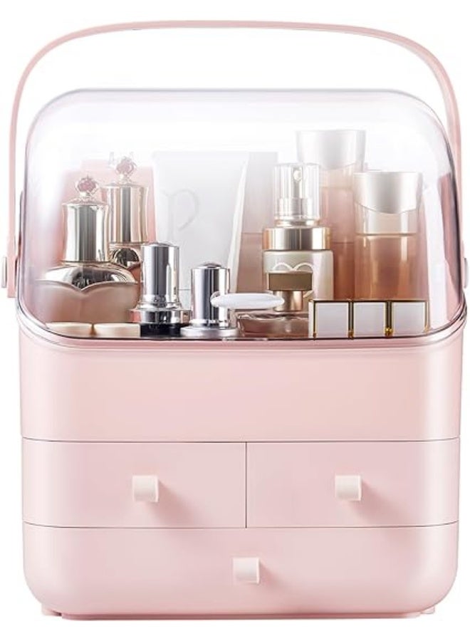 SUNFICON Pink Makeup Organizer Box – Large Dustproof Cosmetic Storage with Clear Lid, Waterproof Design & Portable Handle - Image 2