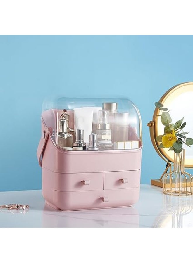 SUNFICON Pink Makeup Organizer Box – Large Dustproof Cosmetic Storage with Clear Lid, Waterproof Design & Portable Handle - Image 3