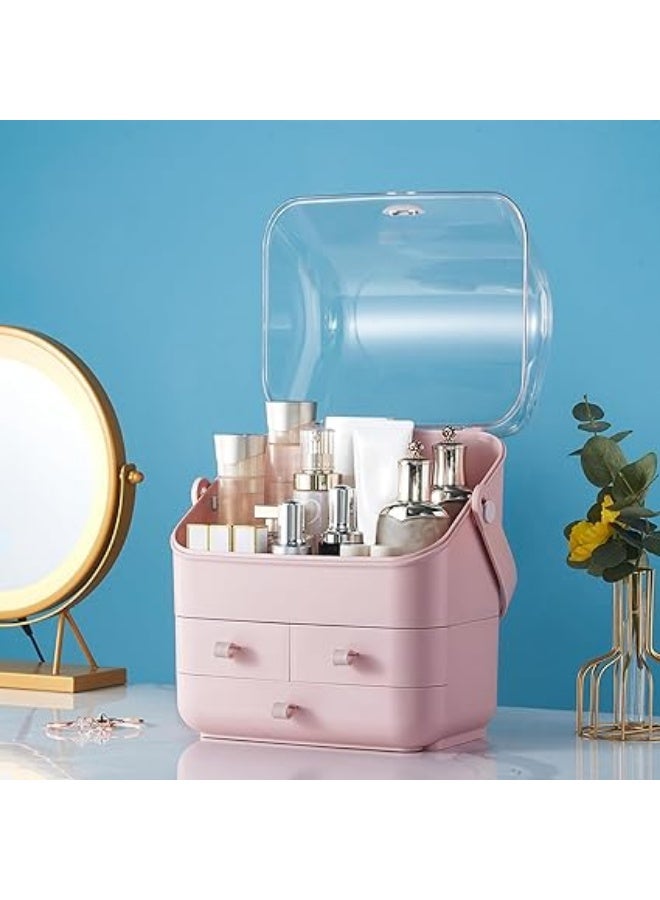 SUNFICON Pink Makeup Organizer Box – Large Dustproof Cosmetic Storage with Clear Lid, Waterproof Design & Portable Handle - Image 4