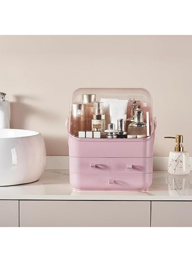 SUNFICON Pink Makeup Organizer Box – Large Dustproof Cosmetic Storage with Clear Lid, Waterproof Design & Portable Handle - Image 5