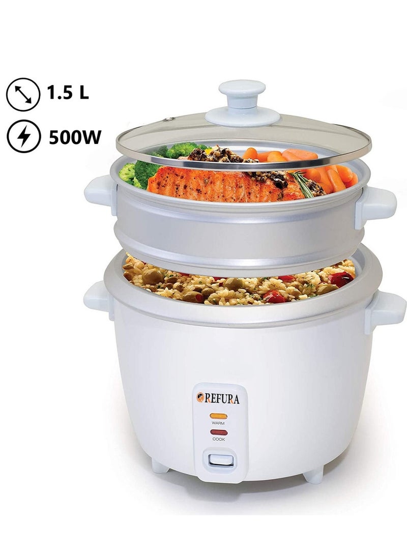 REFURA 2 in 1 Rice Cooker & Steamer 1.5 L / Non-Stick Removable Bowl / Keep Warm Functionality / 500 Watts / Includes Measuring Cup & Spatula | RE-619 | Kitchen Appliances - Image 2