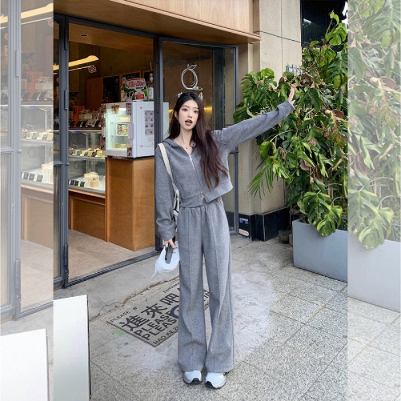 Small hooded short casual long sleeve sweater coat wide leg pants womens autumn 2024 fashion suit #864 Gray