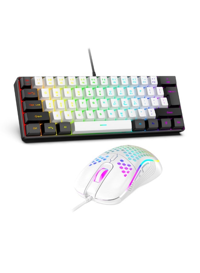 60% Gaming Keyboard and Mouse Combo, Ultra-Compact 61-Key RGB Backlit Mini Keyboard, Lightweight 7200 DPI Honeycomb Optical Mouse, RGB Wired Gaming Set for PC PS5 Xbox Gamer(White-Black) - Image 1