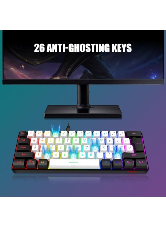 60% Gaming Keyboard and Mouse Combo, Ultra-Compact 61-Key RGB Backlit Mini Keyboard, Lightweight 7200 DPI Honeycomb Optical Mouse, RGB Wired Gaming Set for PC PS5 Xbox Gamer(White-Black) - Image 4