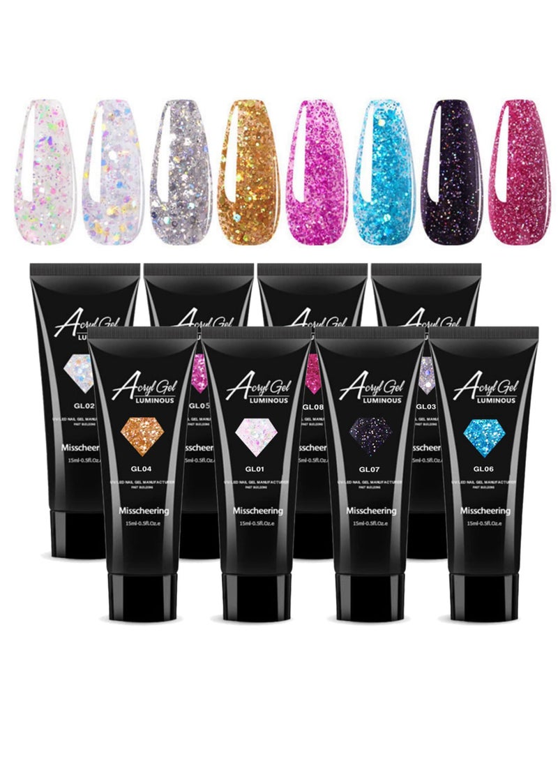 Excefore Nail Extension Gel Kit, 15ml 8 Colours Glitter Sequins Poly Nail Gel Acrylic Nail Builder Enhancement Crystal Gel Set for Nail Art Design, Gel Nail Starter Kit for Beginners and Nail Technician - Image 1