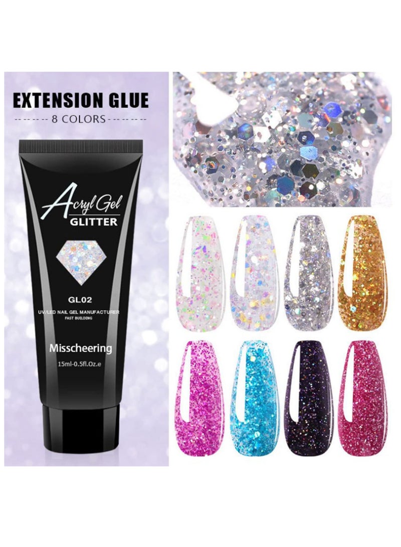 Excefore Nail Extension Gel Kit, 15ml 8 Colours Glitter Sequins Poly Nail Gel Acrylic Nail Builder Enhancement Crystal Gel Set for Nail Art Design, Gel Nail Starter Kit for Beginners and Nail Technician - Image 5