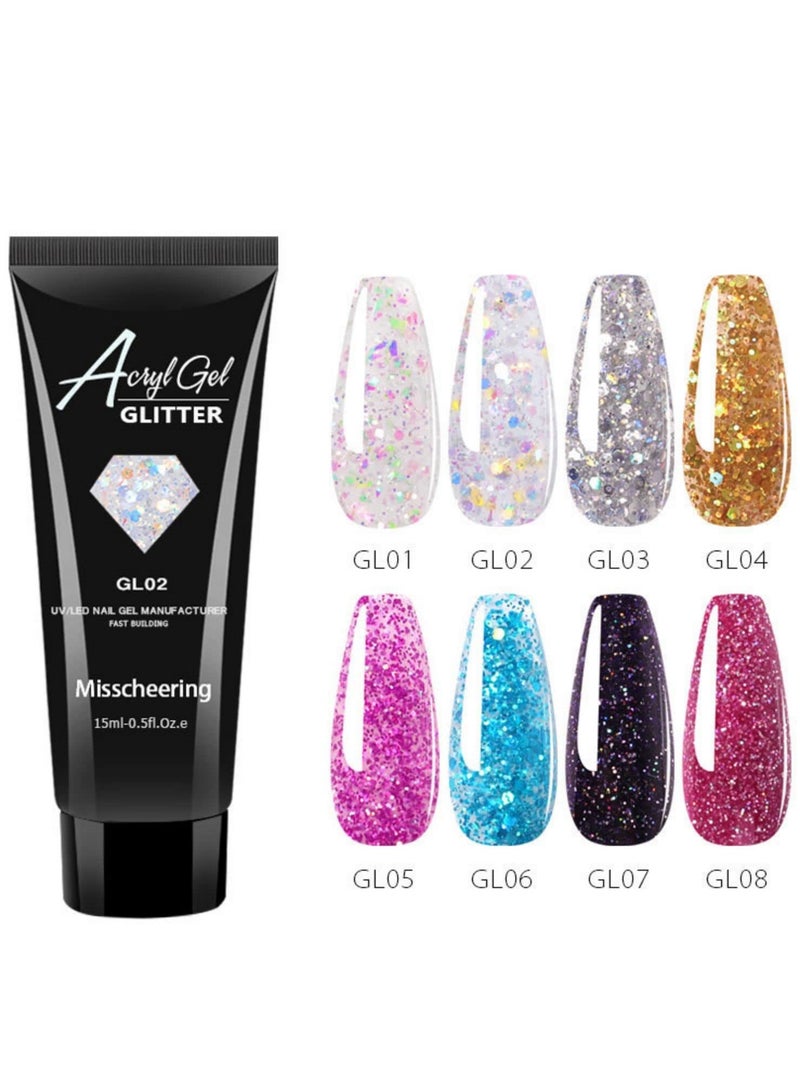 Excefore Nail Extension Gel Kit, 15ml 8 Colours Glitter Sequins Poly Nail Gel Acrylic Nail Builder Enhancement Crystal Gel Set for Nail Art Design, Gel Nail Starter Kit for Beginners and Nail Technician - Image 4