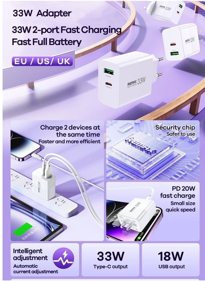 REMAX 33W Dual-Port Fast Charger, USB-C & USB-A Adapter for Phones and Tablets, Compact Design  - Image 4
