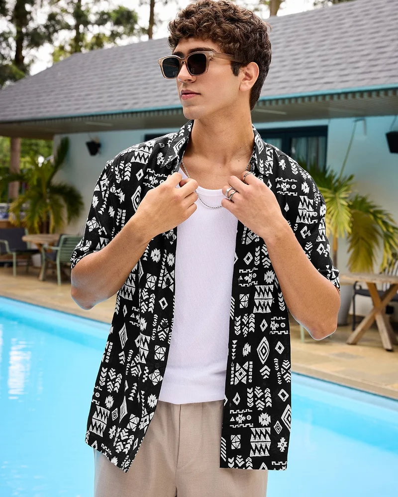 bewakoof Men's Black All Over Printed Oversized Shirt