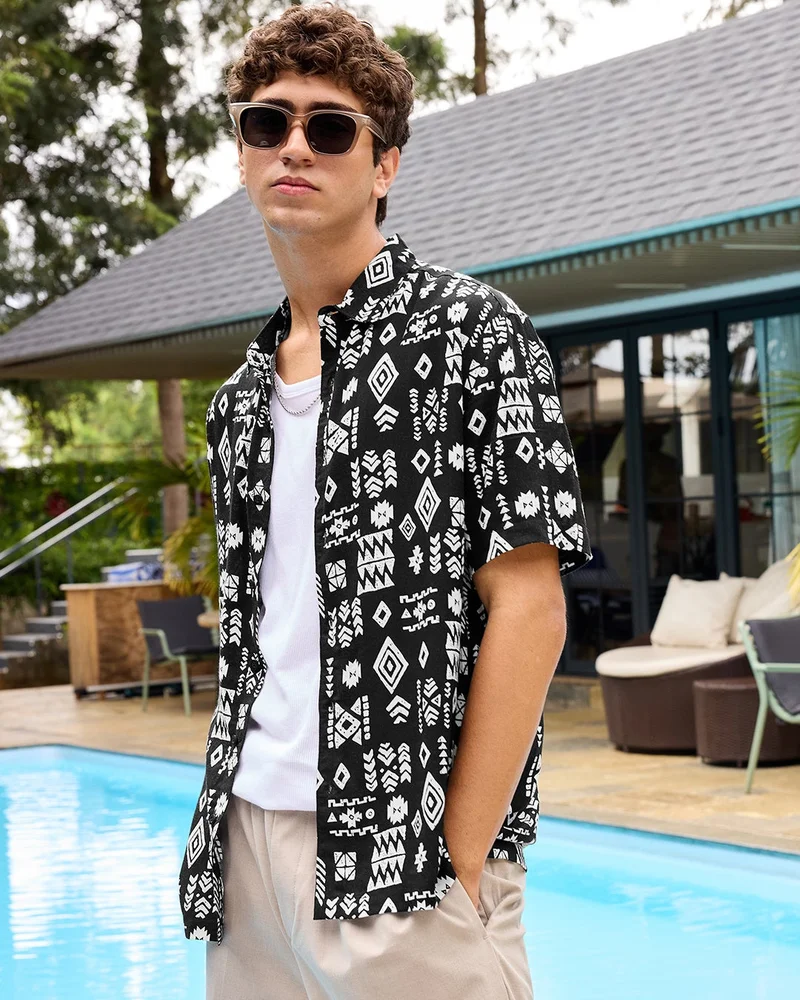 bewakoof Men's Black All Over Printed Oversized Shirt