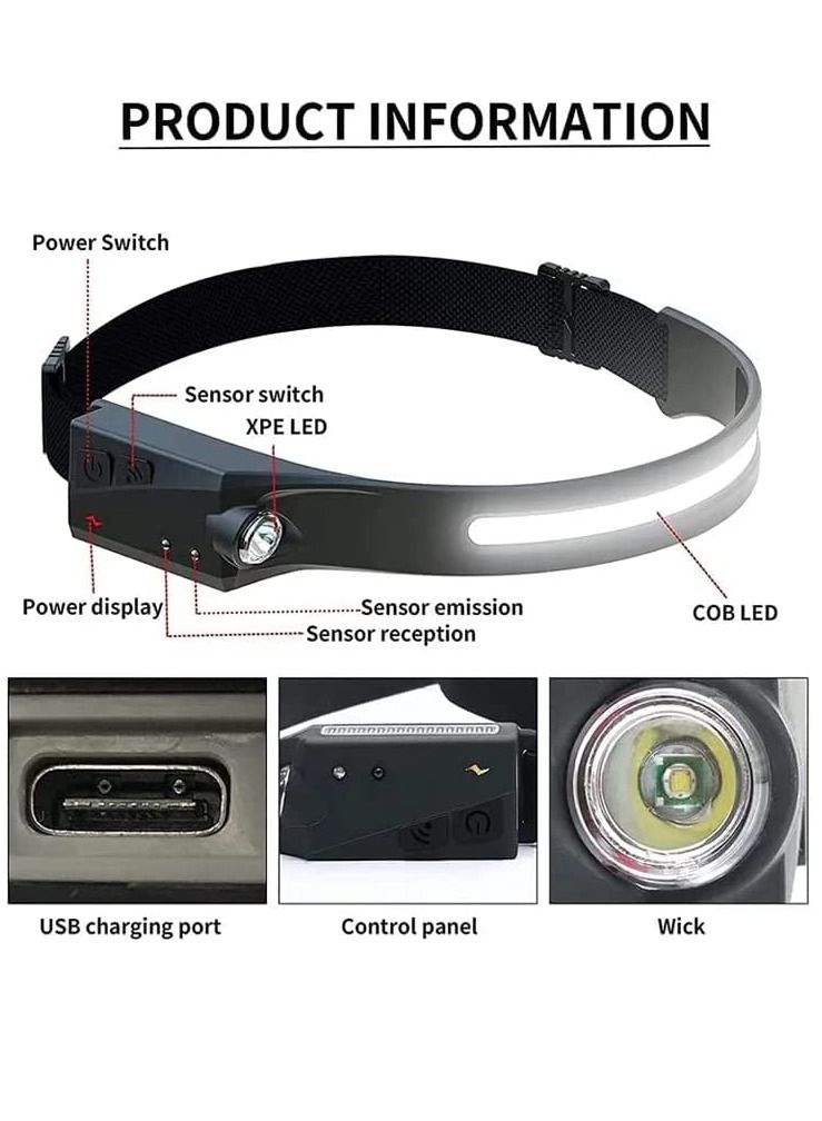 GENNEXT USB Rechargeable Handheld LED COB Torch Headlight Sensor Flashlight Work Camping - Image 2