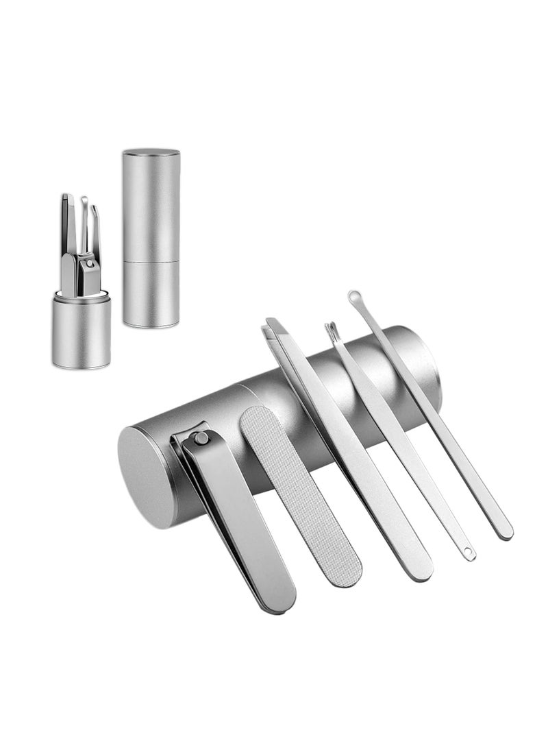 SYOSI Nail Clipper Set, Fingernail Clipper Set Stainless Steel Manicure Kit Nail File and Cuticle Pusher Eyebrow Clip and Ear Spoon Nail Care Set with Case for Manicure & Pedicure, Set of 5 (Silvery) - Image 1