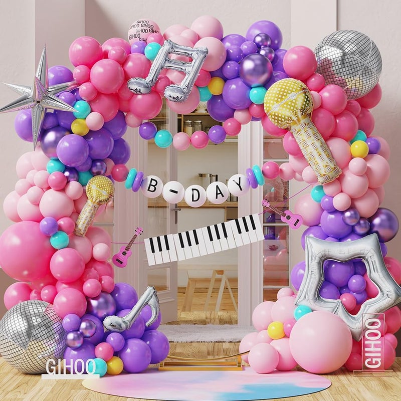 Songstar Birthday Decoration 155pcs Pink and Purple Balloon Arch Kit Hollow StarMicrophone Disco Mylar Balloon for Music Fans Birthday Popular Singer Birthday Party Decor