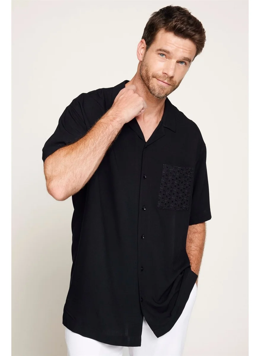Tudors Relax Fit Comfortable Fit Short Sleeve Open Collar Pocketed Viscose Black Shirt