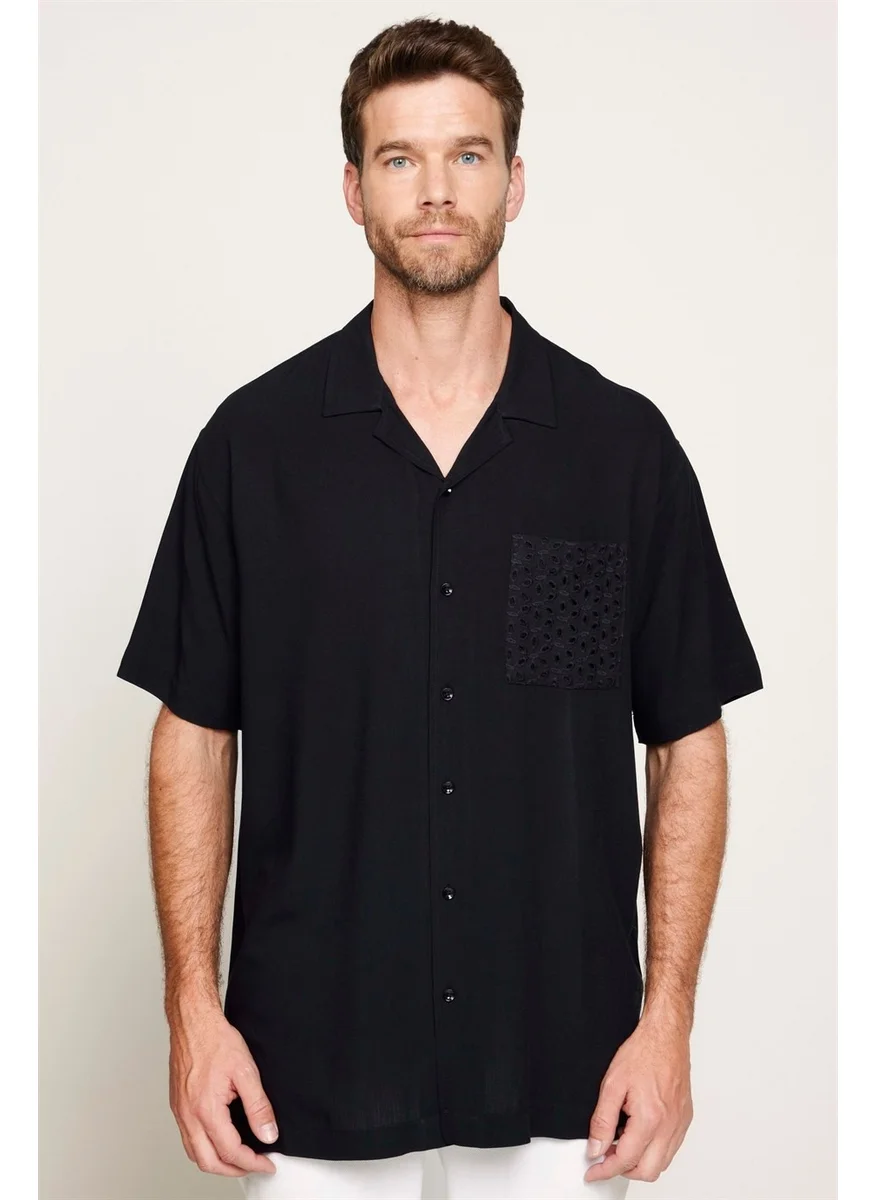 Tudors Relax Fit Comfortable Fit Short Sleeve Open Collar Pocketed Viscose Black Shirt