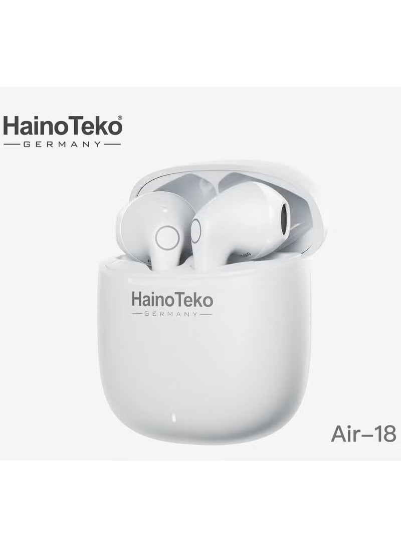 هينو تيكو سماعات أذن لاسلكية حقيقية من Haino Teko Air 18 مزودة بميكروفون فائق الوضوح وتحكم باللمس متعدد الوظائف، سماعات أذن بلوتوث للهواتف المحمولة والأجهزة اللوحية التي تعمل بنظام Android، سماعات أذن لاسلكية داخل الأذن، مقاومة للضوضاء ومقاومة للعرق، عمر بطارية طويل، سماعات أذن لاسلكية بيضاء بدون استخدام اليدين مع علبة شحن - Image 5