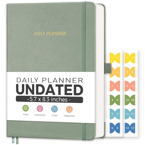 LOAPEM Daily Planner Undated, Appointment Book for Hourly, Daily and Monthly, 365 Days, One Page a Day, Medium Size (5.7" x 8.3"), Leather Hardcover, 12 Self-adhesive Monthly Tabs (Light Green) - Image 1