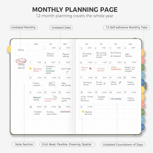 LOAPEM Daily Planner Undated, Appointment Book for Hourly, Daily and Monthly, 365 Days, One Page a Day, Medium Size (5.7" x 8.3"), Leather Hardcover, 12 Self-adhesive Monthly Tabs (Light Green) - Image 2