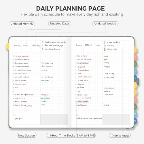 LOAPEM Daily Planner Undated, Appointment Book for Hourly, Daily and Monthly, 365 Days, One Page a Day, Medium Size (5.7" x 8.3"), Leather Hardcover, 12 Self-adhesive Monthly Tabs (Light Green) - Image 3
