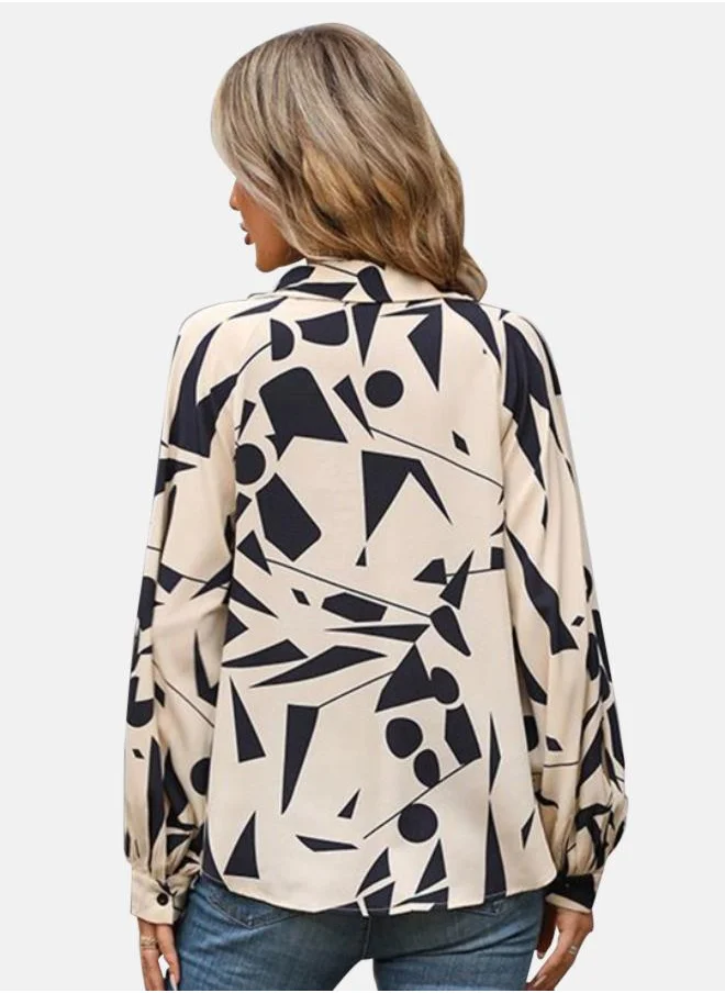 يونيكي Pink Geometric Print Shirt Collar Top