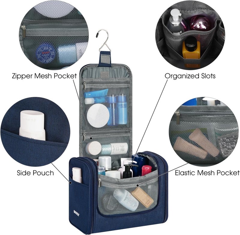 WANDF Cost effective global grade quality WANDF Large Hanging Toiletry Bag Travel Cosmetic Makeup Organizer Water-Resistant Shower Bathroom Bag for Women and Men (Navy Blue) Global flexible assemble picks - Image 3
