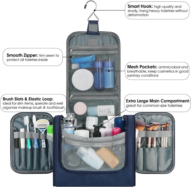 WANDF Cost effective global grade quality WANDF Large Hanging Toiletry Bag Travel Cosmetic Makeup Organizer Water-Resistant Shower Bathroom Bag for Women and Men (Navy Blue) Global flexible assemble picks - Image 2