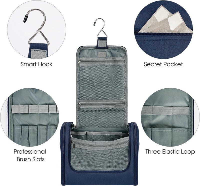 WANDF Cost effective global grade quality WANDF Large Hanging Toiletry Bag Travel Cosmetic Makeup Organizer Water-Resistant Shower Bathroom Bag for Women and Men (Navy Blue) Global flexible assemble picks - Image 4