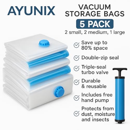 Ayunix Vacuum Bags for Travel,(1 Large/2 Medium/2 Small) Compression Storage Bags for Clothes, Bedding, Pillows, Comforters, Storage, Airtight Reusable Packing Ziplock Bag with Travelling Hand Pump - Image 2
