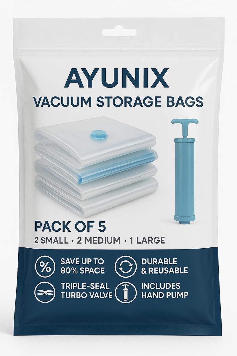 Ayunix Vacuum Bags for Travel,(1 Large/2 Medium/2 Small) Compression Storage Bags for Clothes, Bedding, Pillows, Comforters, Storage, Airtight Reusable Packing Ziplock Bag with Travelling Hand Pump - Image 1