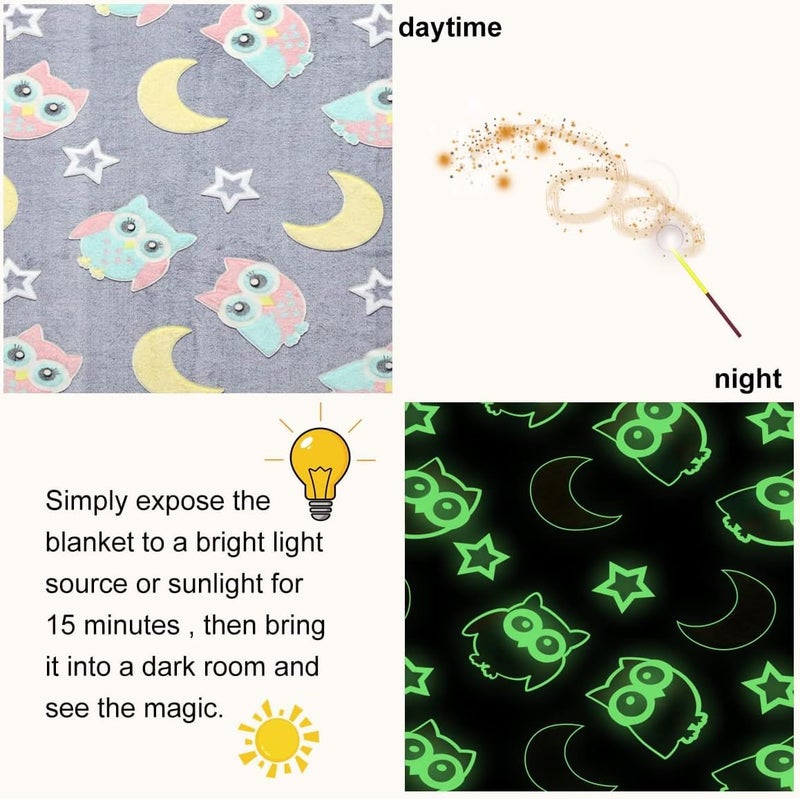 BLiSS HUES Glow in The Dark Blanket Gifts for Toddler Kids Teen Girls| 80 x 70 inch/ 200cm x 180cm |Bedroom Décor, Lightweight Throw Blankets|Soft Cozy Fluffy Luminous Throw Blanket - Grey owl - Image 3
