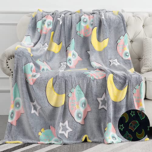 BLiSS HUES Glow in The Dark Blanket Gifts for Toddler Kids Teen Girls| 80 x 70 inch/ 200cm x 180cm |Bedroom Décor, Lightweight Throw Blankets|Soft Cozy Fluffy Luminous Throw Blanket - Grey owl - Image 1