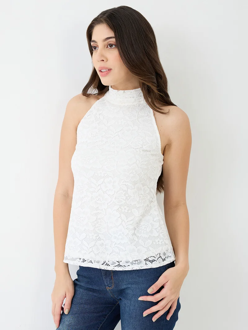 globus Globus Women White Halter Neck Self Design Floral Lace Party Top