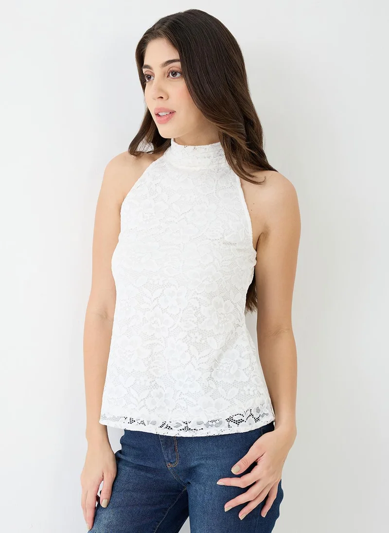 globus Globus Women White Halter Neck Self Design Floral Lace Party Top