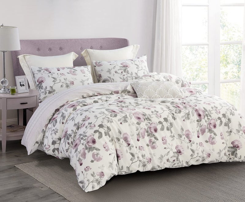 SLEEPBELLA Comforter Queen Size 600 Thread Count Cotton White Print with Purple Flowers Reversible Comforter Sets Down Alternative Bedding Set 3PcsQueen Purple Floral